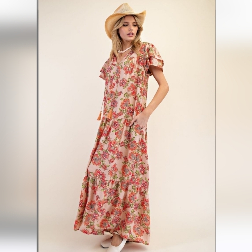 Easel Boho Floral Short Sleeve Maxi Dress New